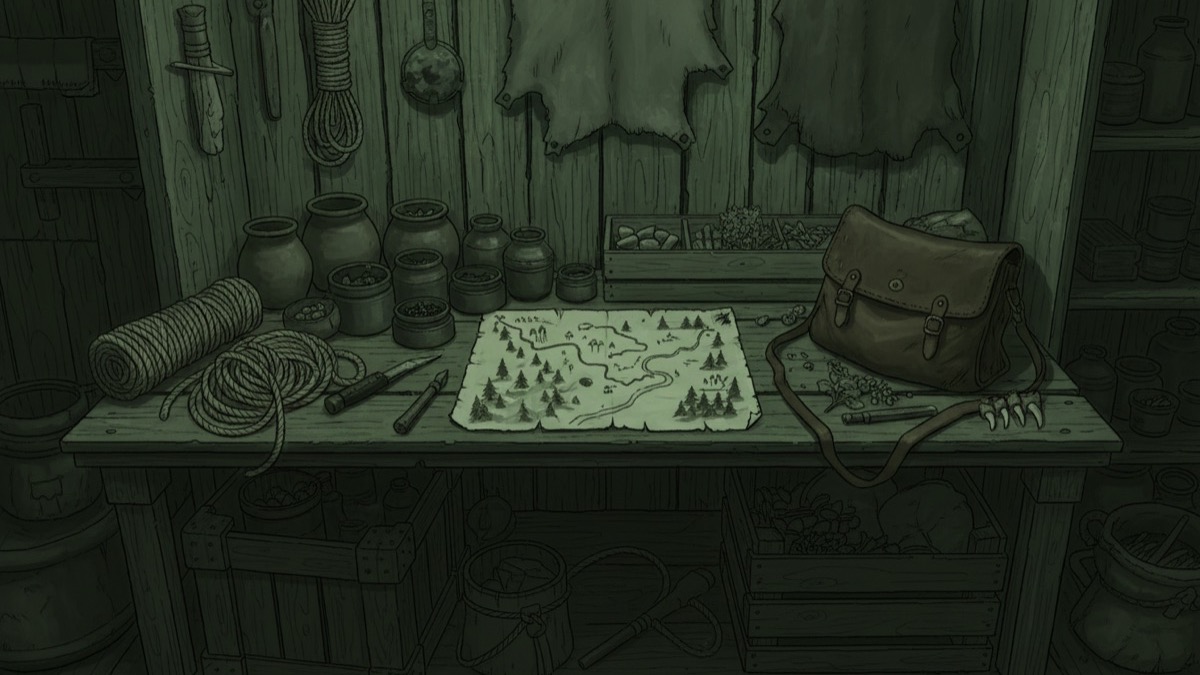 Illustration of a makeshift crafting bench with sorted materials and a route map