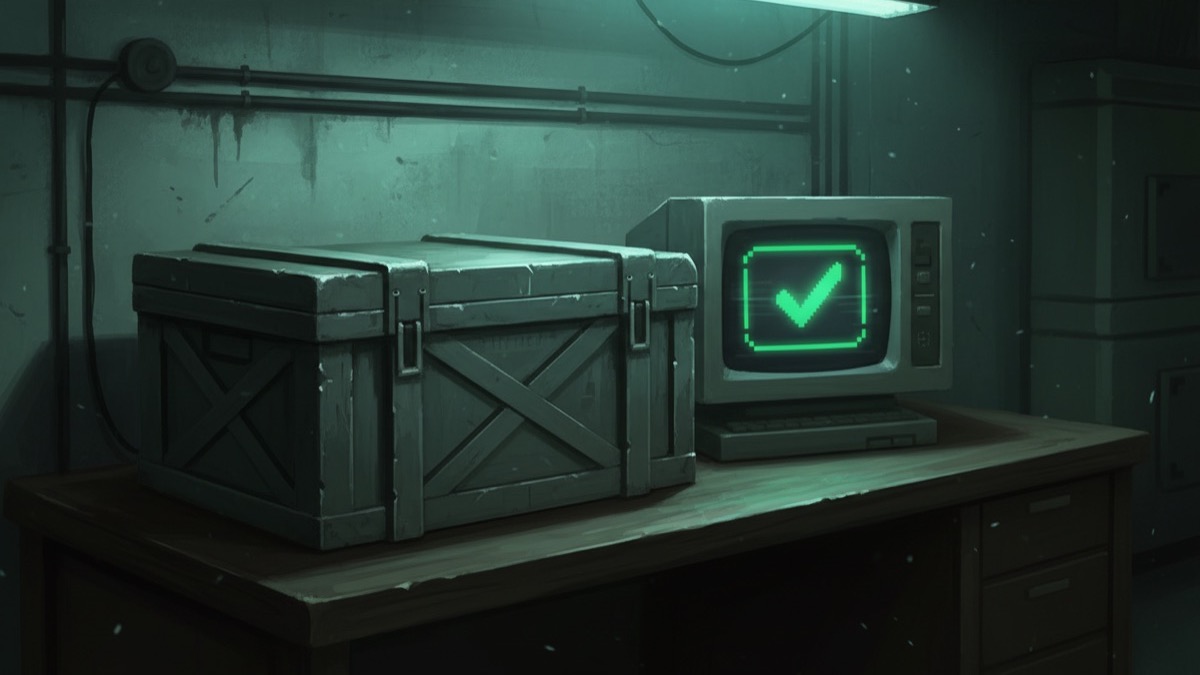 Ilustración de una caja de suministros cerrada junto a una terminal con una ruta de descarga verificada