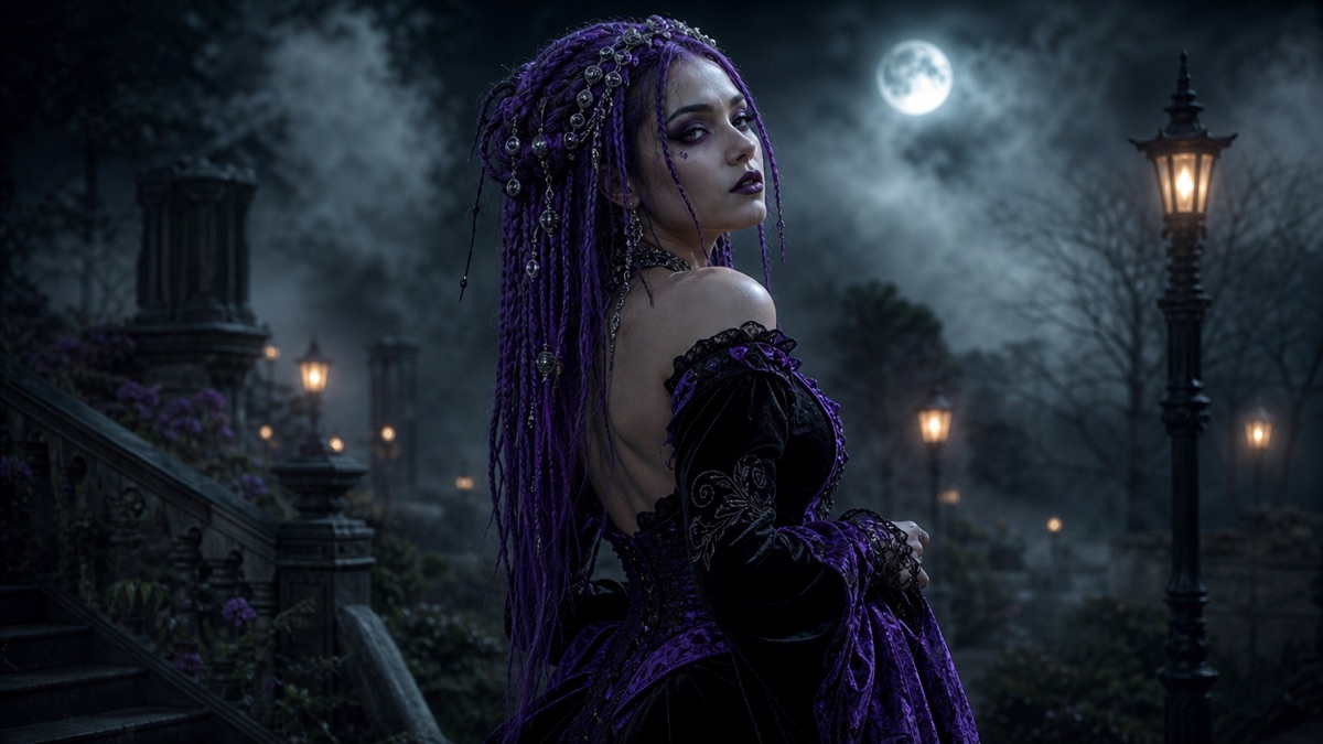 Adult model with long violet braids in a black velvet gothic outfit standing in a foggy moonlit garden